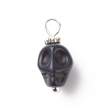 Synthetic Turquoise Pendants, with Silver Tone Brass Findings, Halloween Skull Charm, Dyed, Black, 17x8x9mm, Hole: 2.6mm