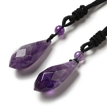Cone Natural Amethyst Pendant Necklace with Nylon Rope for Women, 26.77 inch(68cm)
