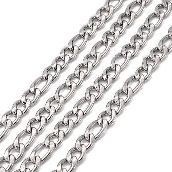 304 Stainless Steel Mother-Son Figaro Chains, Unwelded, Stainless Steel Color, 9mm