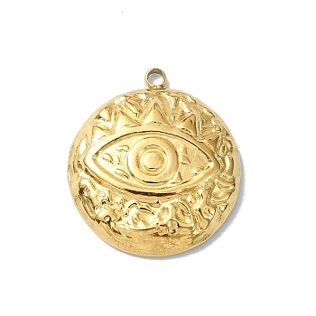 Ion Plating(IP) 304 Stainless Steel Pendants, Flat Round with Eye Charm, Real 18K Gold Plated, 19.5x17x4mm, Hole: 1.5mm