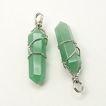 Natural Green Aventurine Double Terminated Pointed Pendants, with Brass Pendant Settings, Faceted, Bullet, Platinum Metal Color, 35~45x10~13mm, Hole: 3mm