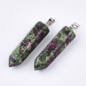 Natural Ruby in Zoisite Point Pendants, with Platinum Plated Brass Findings, Bullet, 35~37x10~11x9~10mm, Hole: 6~7x2.5~4mm