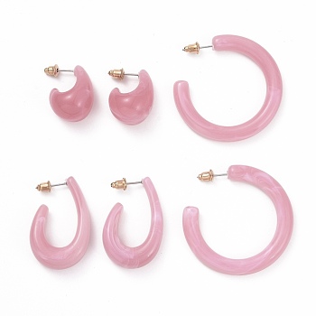 C-shape Resin Stud Earrings Set, Half Hoop Earrings, Open Hoop Earrings for Women, Flamingo, 23~40.5x6~14mm, Pin: 0.7mm, 3 pairs/set