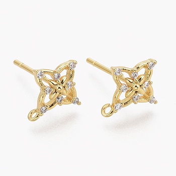 Brass Micro Pave Clear Cubic Zirconia Stud Earring Findings, with Silicone Ear Nuts, with Loop, Long-Lasting Plated, Flower, Real 18K Gold Plated, 11x9.5mm, Hole: 0.9mm, Pin: 0.8mm