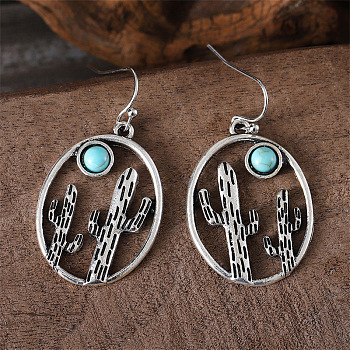 Alloy & Synthetic Turquoise Dangle Earrings, Oval with Cactus, Antique Silver, 42x23mm