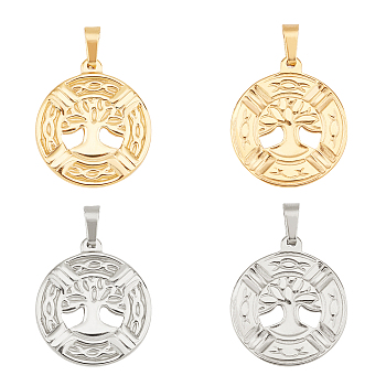 Unicraftale Vacuum Plating 304 Stainless Steel Pendants, Flat Round with Tree of Life, Golden & Stainless Steel Color, 29x25.5x2mm, Hole: 3.5x8mm, 2 colors, 2pcs/color, 4pcs/box