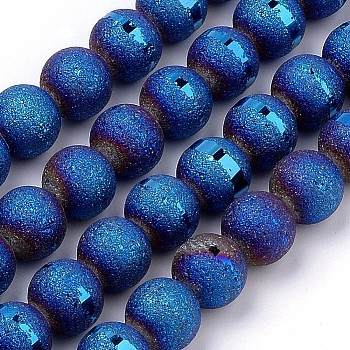 Electroplate Glass Bead Strands, Frosted Style, Round, Blue Plated, 6mm, Hole: 1.5mm, about 100pcs/strand, 21.2 inch