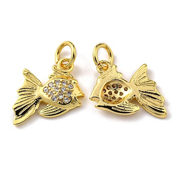 Rack Plating Brass Micro Pave Cubic Zirconia Charms, with Jump Ring, Fish, Real 18K Gold Plated, 14x12x2mm, Hole: 3.2mm