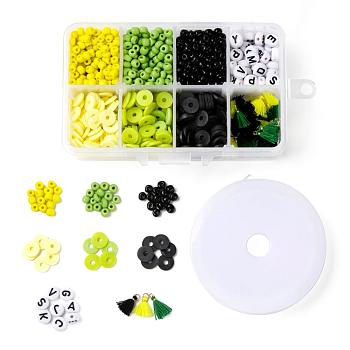 3 Colors 1155Pcs DIY Ghana Jamaican Theme Stretch Bracelets Making Kits, Including Round Glass Seed Beads, Polymer Clay Heishi Beads, Polycotton Tassel, Acrylic Letter Beads and 8m Elastic Crystal Thread, Mixed Color, 4mm, Hole: 1.5mm