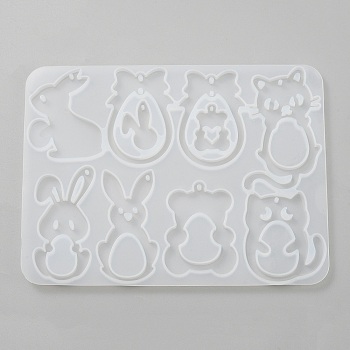 Easter Theme DIY Silicone Pendant Molds, Resin Casting Molds, for UV Resin, Epoxy Resin Jewelry Making, Cat & Bear & Rabbit, 110x147x5mm, Hole: 1.5~2mm, Inner Diameter: 24~62x17~37mm