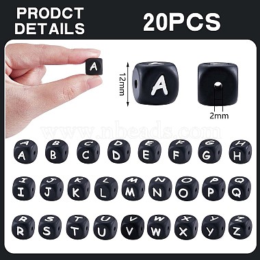 20 piezas de cuentas de silicona con letras de cubo negro 12x12x12 cuentas de alfabeto de dados cuadrados de mm con cuentas de letras sueltas con espaciador de agujeros de 2 mm para hacer pulseras(JX433R)-2