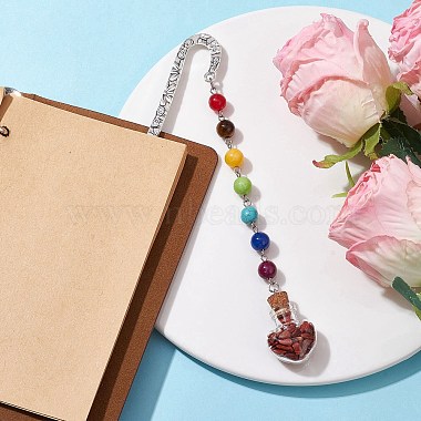 7 Chakra Gemstone Bead & Natural Red Jasper Glass Heart Wishing Bottle Pendant Bookmarks(AJEW-JK00313-01)-2