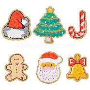 12Pcs 6 Style Christmas Theme Towel Embroidery Cloth Self Adhesive Patches, Costume Accessories, Hat/Candy Cane/Santa Claus, Mixed Color, 70~81x45~71x2~3mm, 2pcs/style(PATC-FG0001-46)