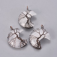 Natural Quartz Crystal Tree of Life Wire Wrapped Pendants, Rock Crystal, with Brass Findings, Crescent Moon, Red Copper, 44~46x26~32x12.5mm, Hole: 6.5x4.5mm(G-L520-E06-R-NF)
