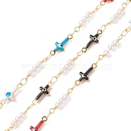 Brass Enamel Cross with Evil Eye Link Chains, with CCB Imitation Pearl Beaded, Soldered, with Spools, Cadmium Free & Lead Free, Real 18K Gold Plated, Colorful, 13x5x3mm, 14x3mm(CHC-P009-12G)