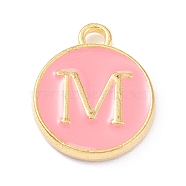 Golden Plated Alloy Enamel Charms, Enamelled Sequins, Flat Round with Alphabet, Letter.M, Pink, 14x12x2mm, Hole: 1.5mm(ENAM-Q437-14M)