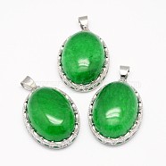 Natural Malaysia Jade Pendants, with Brass Findings, Oval, Platinum, 30x21x10~11mm, Hole: 6x4mm(X-G-D851-19)