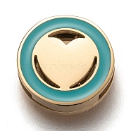 304 Stainless Steel Slide Charms, Enamel Style, Flat Round with Heart, Dark Turquoise, Golden, 12x3.5mm, Hole: 8x1.5mm(STAS-P270-05G-01)