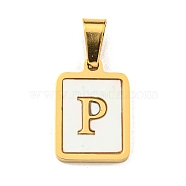 PVD Vacuum Plating 304 Stainless Steel Pave Natural White Shell Pendants, Rectangle with Letter Charms, Golden, Letter P, 17.5x12x1.5mm, Hole: 6x3mm(STAS-S130-03G-P)