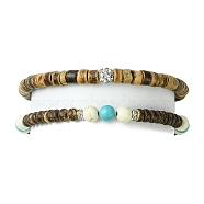 2Pcs 2 Style Synthetic Turquoise Round & Natural Coconut Disc Beaded Stretch Bracelets Set, Rhinestone Stackable Bracelets, Inner Diameter: 2-1/8 inch(5.5cm), 1Pc/style(BJEW-JB09807)