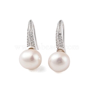 925 Sterling Silver Hoop Earring, with Cubic Zirconia and Natural Pearl, Platinum, 18x8.5mm(EJEW-H002-28P)
