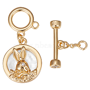 3Pcs Shell Toggle Clasps, with Brass Crystal Rhinestone Findings, Flat Round with Rabbit, Real 18K Gold Plated, 41.5mm, Flat Round: 17x15x3.5mm, O Clasps: 12x12x1mm, T Clasps: 5.5x18x4mm(KK-BBC0009-17)