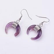 Natural Amethyst Dangle Earrings, with Platinum Plated Brass Findings, Double Horn/Crescent Moon, 40mm, Pin: 0.6mm(EJEW-L189-C09)