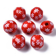 Painted Natural Wood European Beads, Large Hole Beads, Printed, Christmas, Round with Snowflake, Red, 16x15mm, Hole: 4mm(WOOD-S057-038)