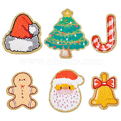 12Pcs 6 Style Christmas Theme Towel Embroidery Cloth Self Adhesive Patches, Costume Accessories, Hat/Candy Cane/Santa Claus, Mixed Color, 70~81x45~71x2~3mm, 2pcs/style(PATC-FG0001-46)