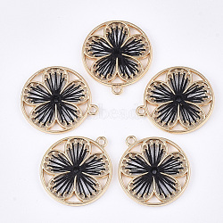 Cotton Thread Woven Pendants, with Alloy Findings, Flower, Golden, Black, 28.5x25.5x2.5mm, Hole: 2mm(X-FIND-S306-05A)