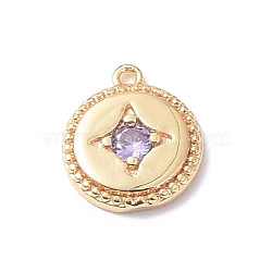 Brass Charms, with Glass, Flat Round with Star Charm, Real 18K Gold Plated, Lilac, 11.5x10x2mm, Hole: 0.9mm(KK-I702-17A)
