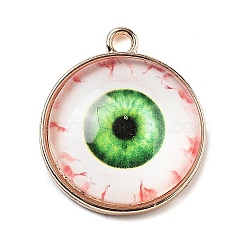 Halloween Theme Glass Pendants, with Golden Alloy Fingdings, Flat Round with Evil Eye, Lime, 23x20x6.5mm, Hole: 2.5mm(GLAA-P067-01G-02)