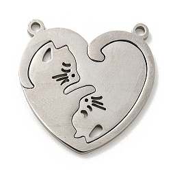 Non-Tarnish 304 Stainless Steel Split Pendants, Heart with Cat Charm, Stainless Steel Color, 29.5x29x1.5mm, Hole: 2mm, 2pcs/set(STAS-H184-01P)