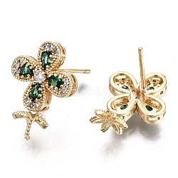 Brass Micro Pave Green Cubic Zirconia Stud Earring Findings, for Half Drilled Bead, Nickel Free, 4 Leaf Clover, Real 18K Gold Plated, 17.5x12.5mm, Pin: 0.7mm, Pin: 0.8mm(for half drilled beads)(KK-T056-27G-NF)