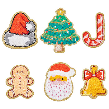 12Pcs 6 Style Christmas Theme Towel Embroidery Cloth Self Adhesive Patches, Costume Accessories, Hat/Candy Cane/Santa Claus, Mixed Color, 70~81x45~71x2~3mm, 2pcs/style