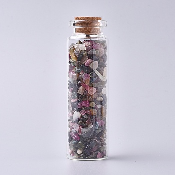 Glass Wishing Bottle, For Pendant Decoration, with Tourmaline Chip Beads Inside and Cork Stopper, 22x71mm