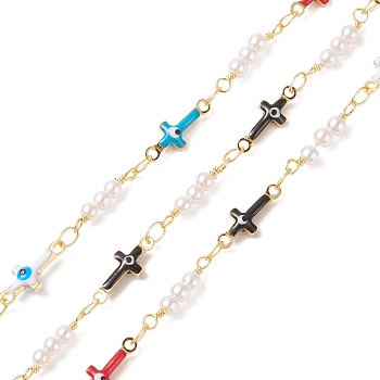 Brass Enamel Cross with Evil Eye Link Chains, with CCB Imitation Pearl Beaded, Soldered, with Spools, Cadmium Free & Lead Free, Real 18K Gold Plated, Colorful, 13x5x3mm, 14x3mm