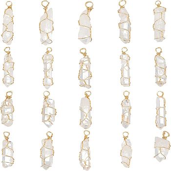 20pcs Natural Quartz Crystal Pendants, with Golden Tone Copper Wire Wrapped, Bullet, 27.5~40x7~9x7.5~9mm, Hole: 2mm