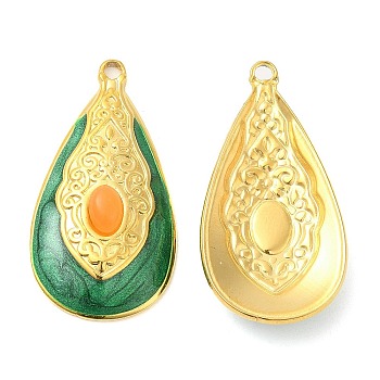 Enamel Pendants, with 304 Stainless Steel Finding and Arcylic Cabochons, Real 18K Gold Plated, Teardrop Charm, Green, 34.5x18x6mm, Hole: 2mm