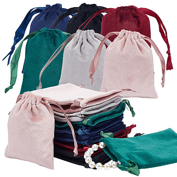 24Pcs 6 Colors Velvet Jewelry Drawstring Bags, with Satin Ribbon, Rectangle, Mixed Color, 10x8x0.3cm, 4pcs/color