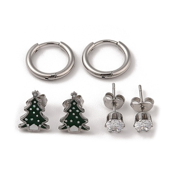 3 Pairs 3 Styles Christmas 304 Stainless Steel Hoop & Studs Earrings Set for Women, with Enamel & Cubic Zirconia, Stainless Steel Color, Christmas Tree, 6~12.5x6~9mm, 1 pair/style