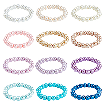 12Pcs 12 Colors Glass Pearl Stretch Bracelets Set, Stackable Kids Bracelets, Mixed Color, Inner Diameter: 1-7/8 inch(4.8cm), 1Pc/color