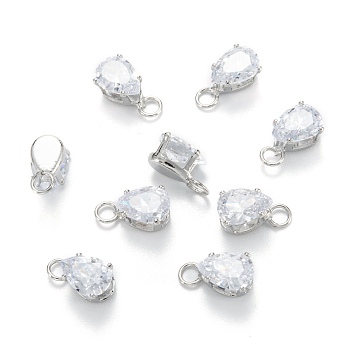 Brass Clear Cubic Zirconia Charms, Long-Lasting Plated, Teardrop, Platinum, 9.5x5x4.5mm, Hole: 2mm