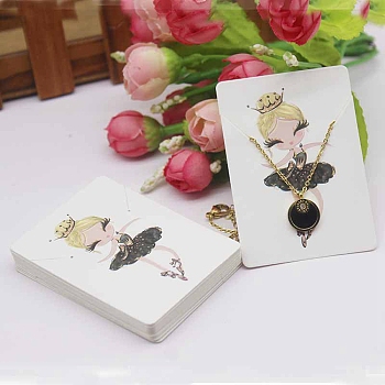 Rectangle Paper Necklace Display Cards, Jewelry Display Cards for Necklace Storage, White, Dancer Pattern, 7x5x0.05cm, Hole: 1mm