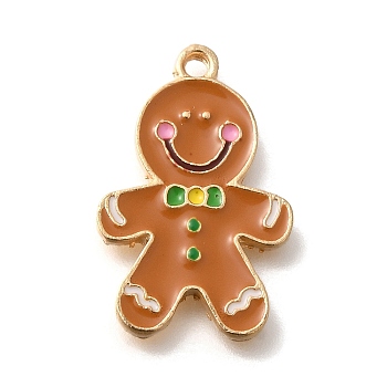 Christmas Theme Alloy Enamel Pendants, Gingerbread Man Charm, Light Gold, 24.5x15.5x2mm, Hole: 1.6mm