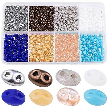 800Pcs 8 Colors 2-Hole Seed Beads, Czech Glass Beads, Mixed Color, 5x3.5x2.5~3mm, Hole: 0.5mm, 100Pcs/color