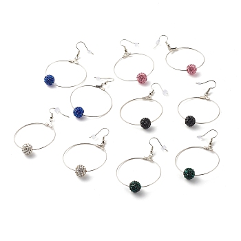 Bling Rhinestone Beaded Big Ring Dangle Earrings for Women, Platinum, Mixed Color, 65mm, Pin: 0.7mm
