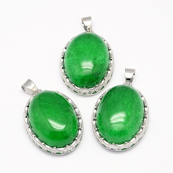 Natural Malaysia Jade Pendants, with Brass Findings, Oval, Platinum, 30x21x10~11mm, Hole: 6x4mm