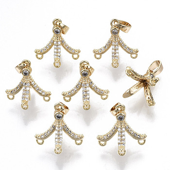 Brass Micro Pave Cubic Zirconia Peg Bails Charms, for Half Drilled Bead, with Brass Snap on Bails and Loop, Nickel Free, Real 18K Gold Plated, Clear, 14x14x14mm, Hole: 4x2mm & 1mm, Pin: 0.7mm(for half drilled beads)