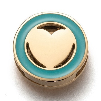 304 Stainless Steel Slide Charms, Enamel Style, Flat Round with Heart, Dark Turquoise, Golden, 12x3.5mm, Hole: 8x1.5mm